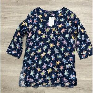 New  Women 100 percent linen crab summer travel beachy shirt top new size small